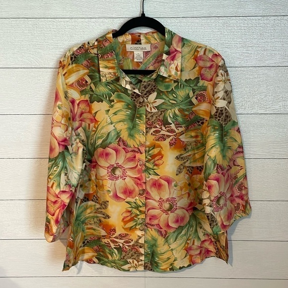 C.L.O.T.H.E.S. 100% Silk Women's fun colorful button down blouse Sz L Resortwear - Picture 1 of 7